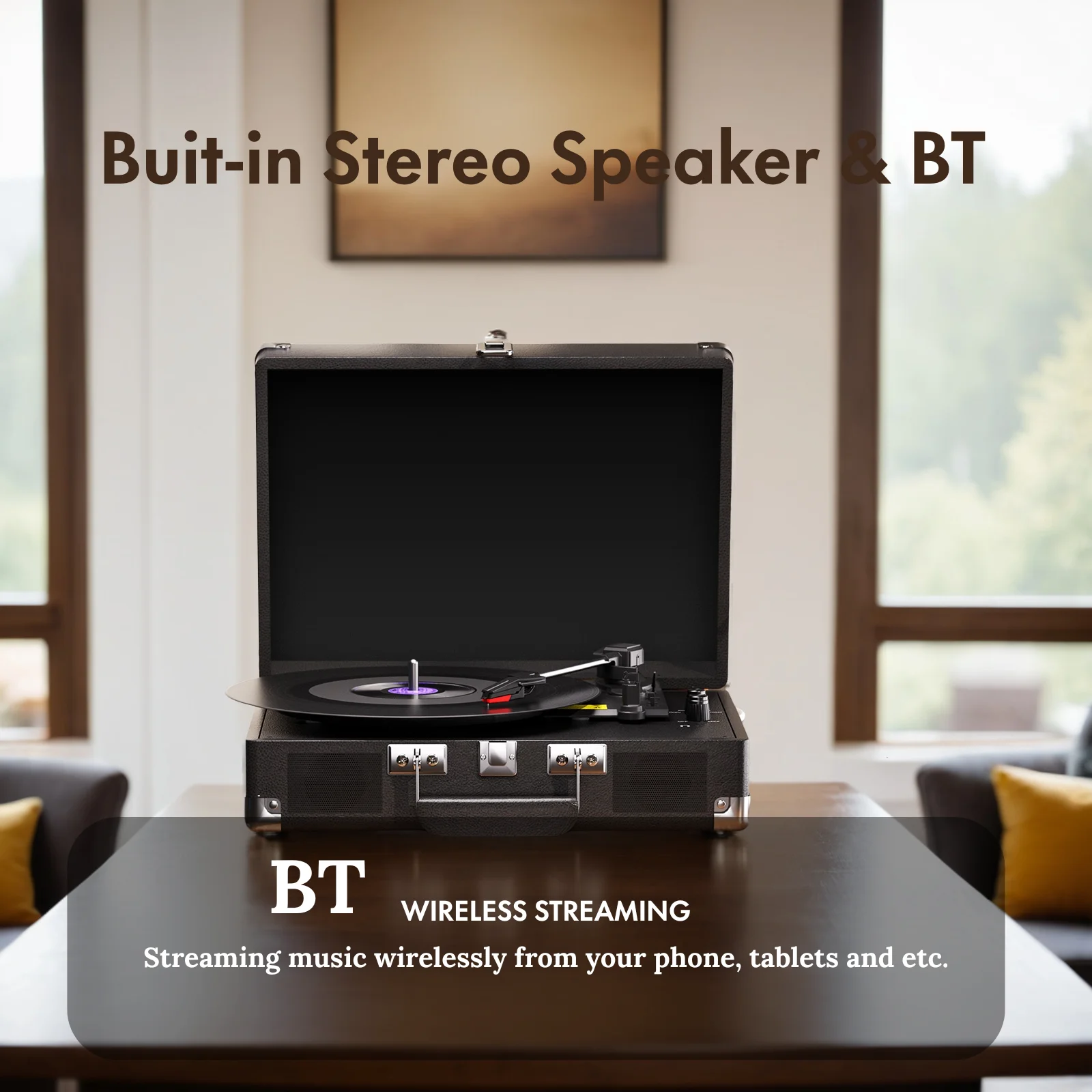 MAIO platenspeler, 3 snelheden 33/45/78 RPM vinylspinner met 2 ingebouwde stereoluidsprekers, hoofdtelefoonaansluiting