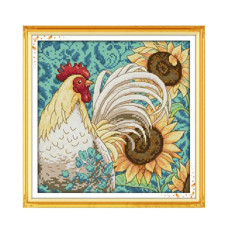 Sunflower and Cock Cross Stitch Kit, Animal Cotton Silk, Aida Count, 18CT, 14CT, 11CT, Embroidery, DIY, Handmade