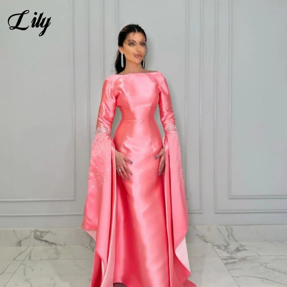 

Лилино-розовое элегантное вечернее платье с круглым вырезом и длинными рукавами и блестками, атласные вечерние платья русалки для женщин 프롬 드레스 по индивидуальному заказу