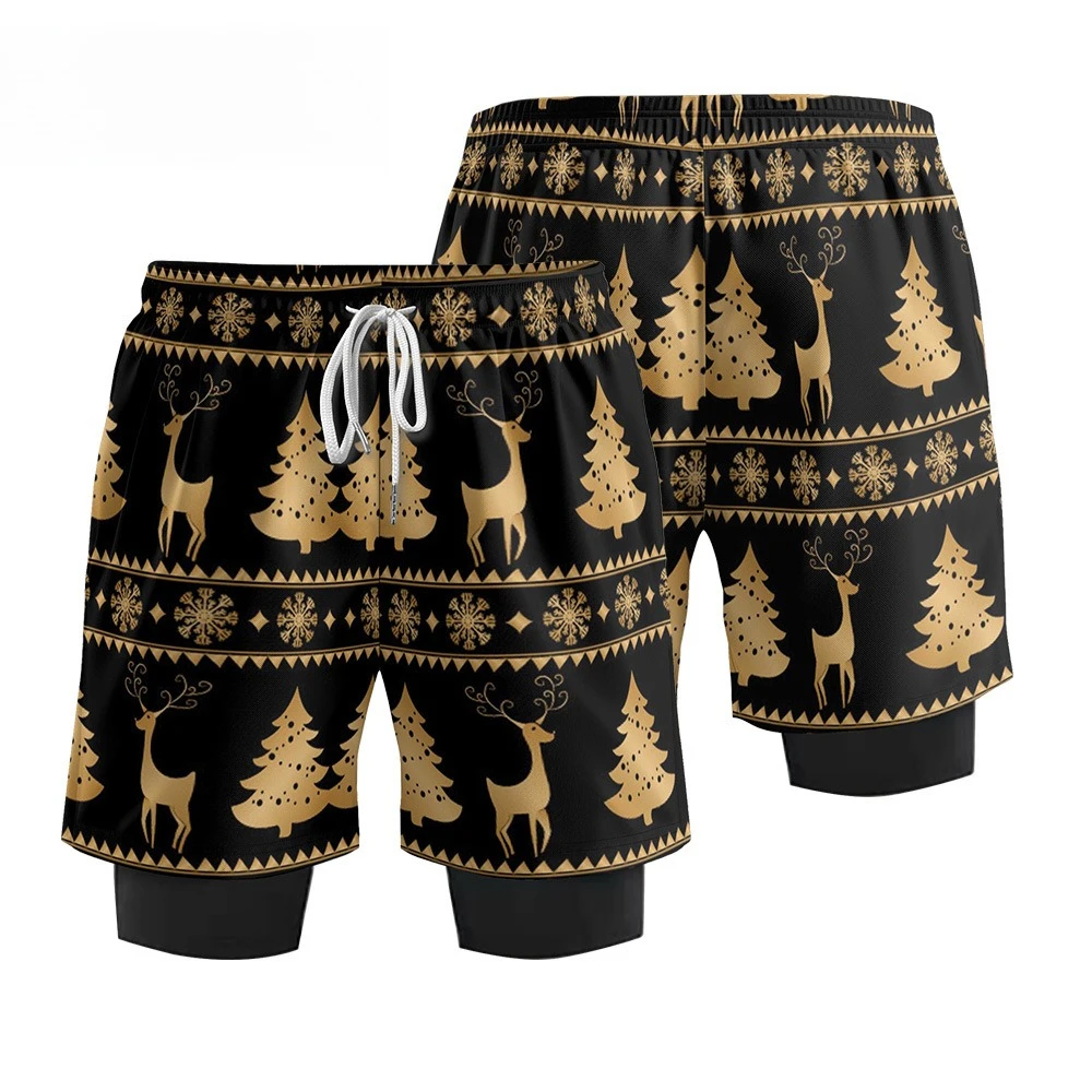 

Men's 2-in-1 Fitness Running Shorts Outdoor Quick Drying Cycling Shorts Casual Beach Shorts Surfing Swimming Christmas Print