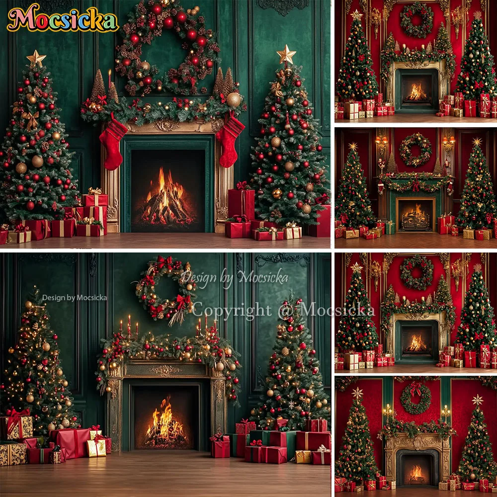 Mocsicka Red Christmas Fireplace Background Photography Xmas Tree Gift Candle Light Backdrop Decor Winter Kids Photobooth Studio