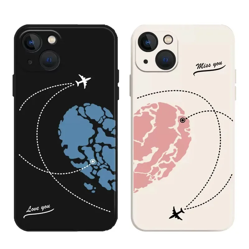 Love Heart Paired Phone Case For iPhone 16 15 12 13 11 14 Pro Max Mini XS XR SE 14 Plus Plane Aircraft Matte Couple Cover Fundas
