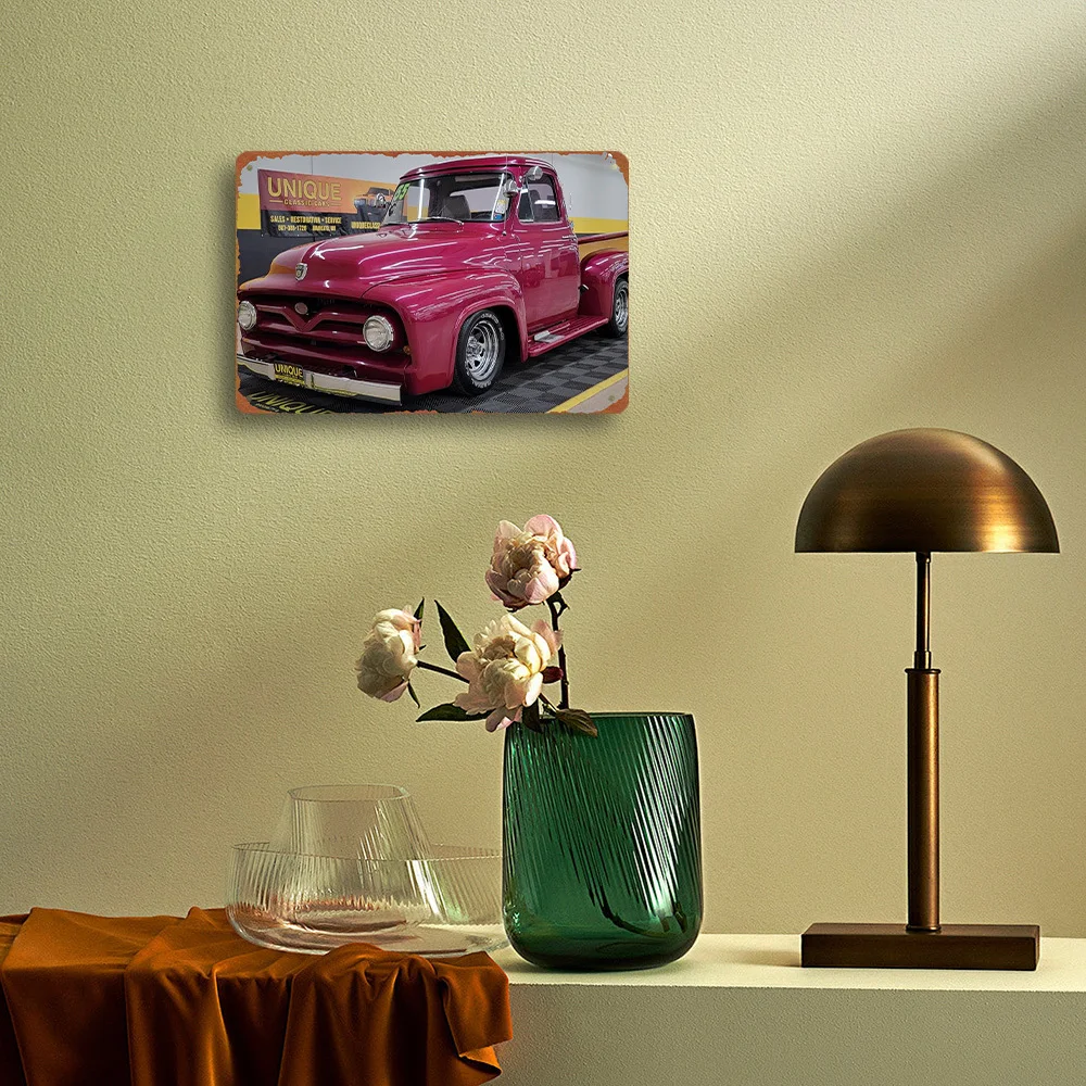 Vintage Car Metal Sign - Classic Pink Pickup Truck with 