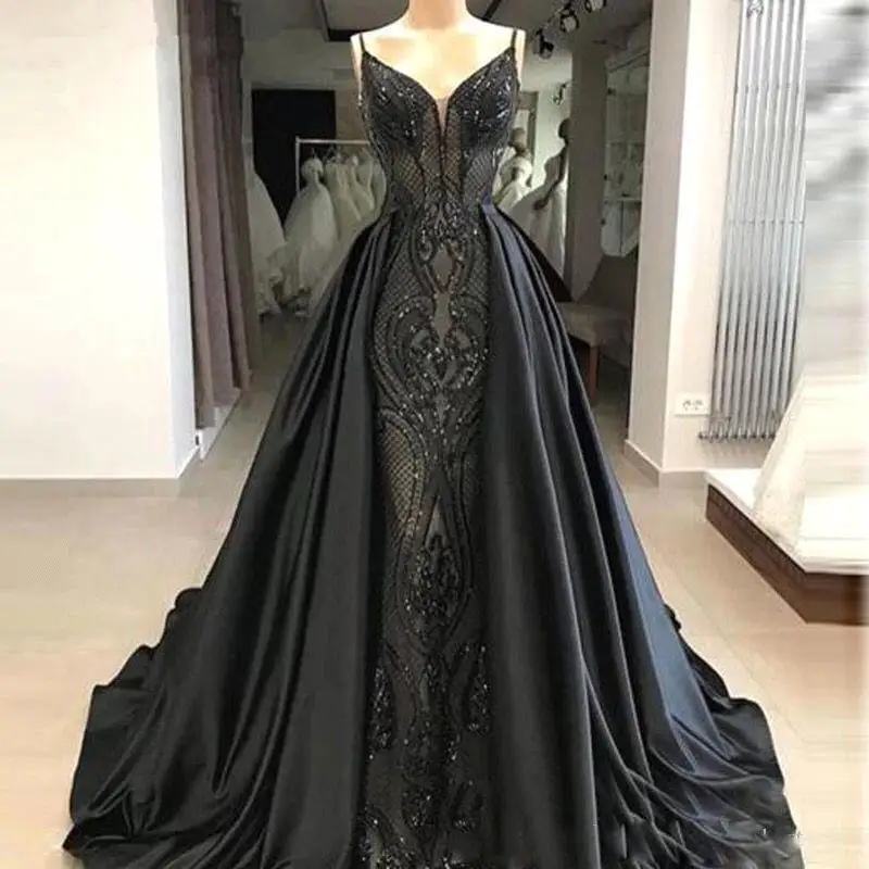 

Black Satin Mermaid Evening Dress Lace Floor Length Party Ball Gown Robe Party Dress