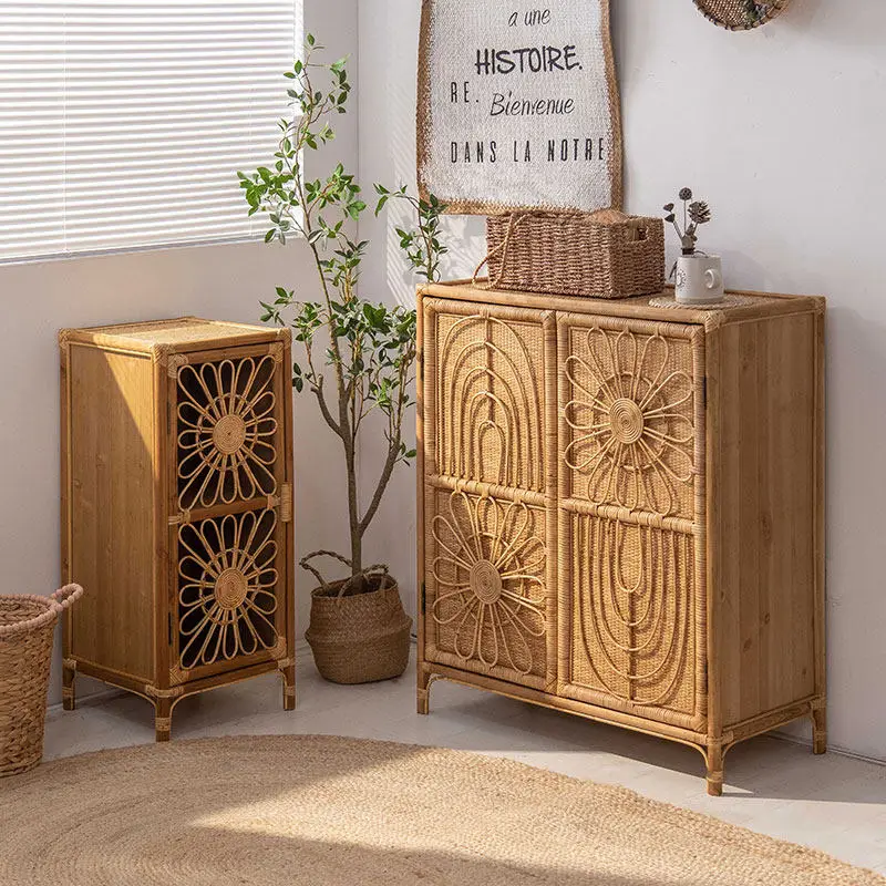 Rattan locker household small apartment foyer dining side solid wood homestay light luxury entrance storage cabinet