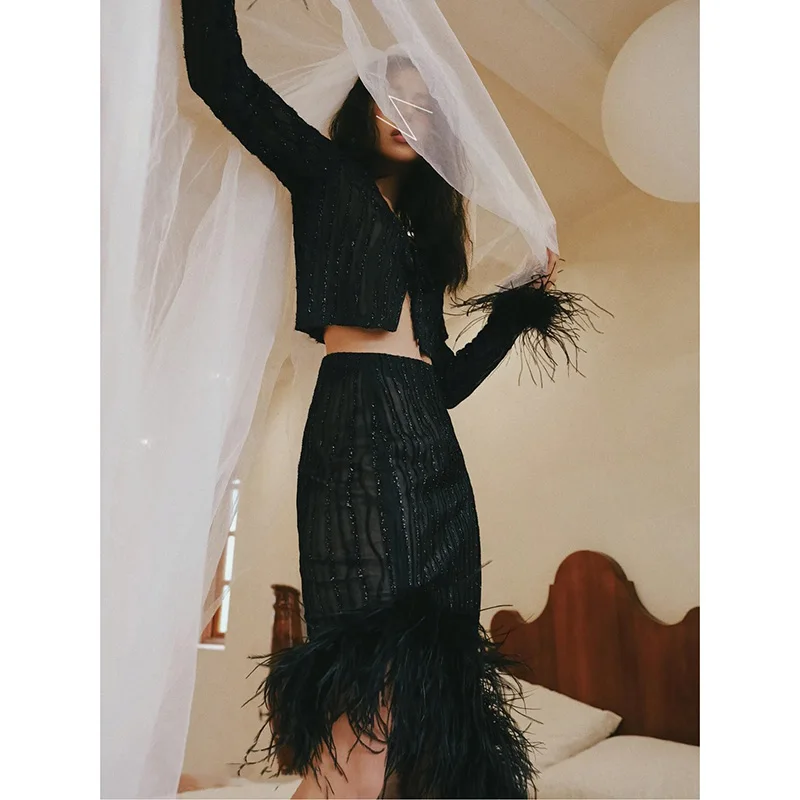 

Summer New Sexy Feather f-Transparent iny Silk Open Cardigan Top Bodycon Skirt Long Set Women's Faion Ensemble