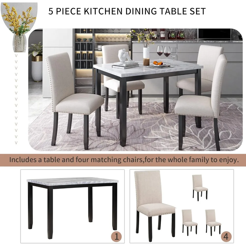 طقم طاولة طعام مكون من 5 قطع، مكتب رخامي صناعي أنيق و4 كراسي منجدة، مثالي للمطبخ، زاوية الإفطار، البار، #6