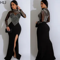 HLJ Fashion Luxury Rhinestone Bodycon Slit Evening Party Dresses Women Round Neck Long Sleeve Slim Vestidos Sexy Female Clothing