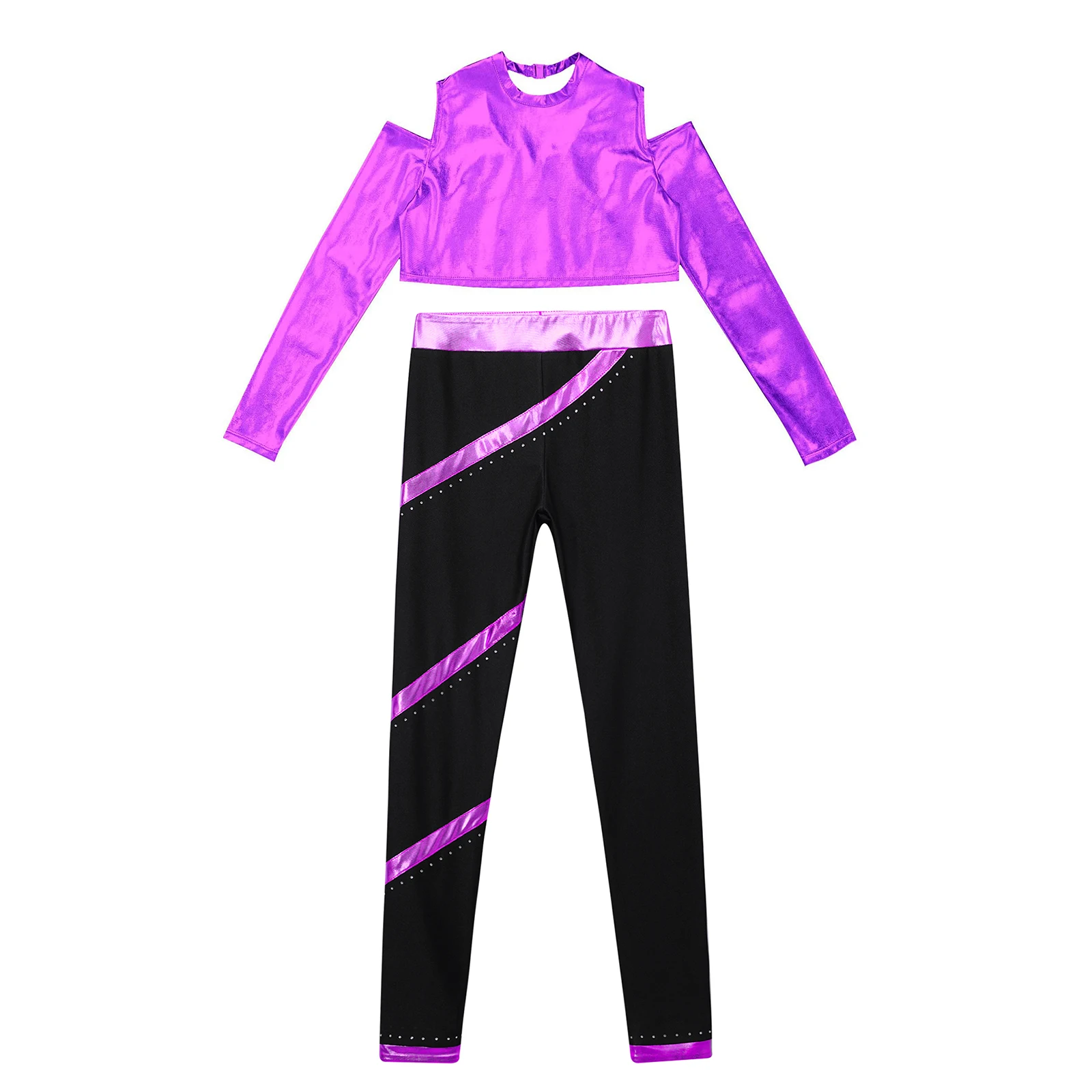 Bambini ragazze tuta maniche lunghe t-shirt lucida Crop top + Leggings pantaloni per Hip Hop Jazz Dance Fitness ginnastica Performance