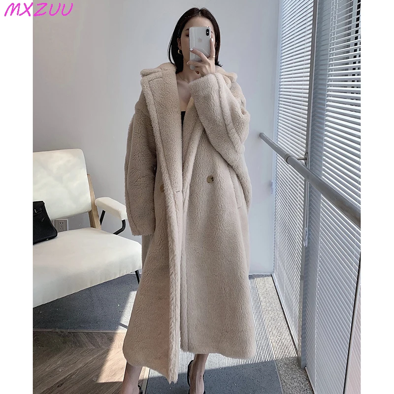 Sheepskin Coat for Women Winter Warm Soft Cashmere Manteau Femme Loose Oversize Double-breasted Pocket Long Beige Lamb Fur Coats