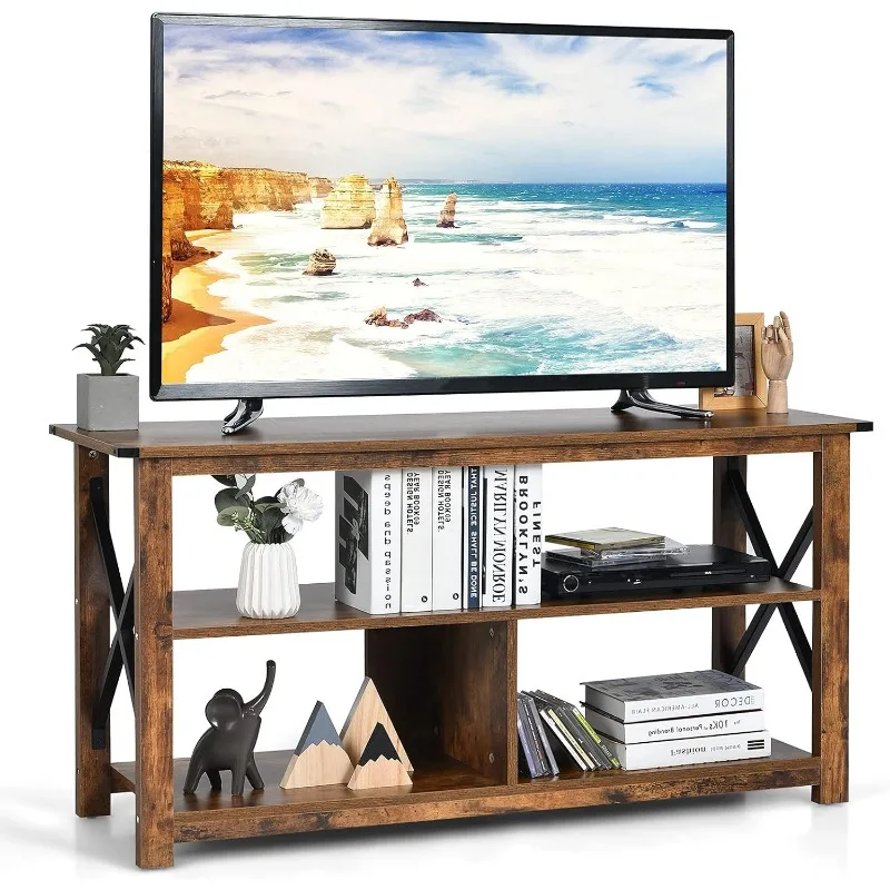 Wood TV Stand with Open Shelves and X-shaped Frame, 3 Tier Entertainment Center for 55-Inch TV, Farmhouse TV Console Table