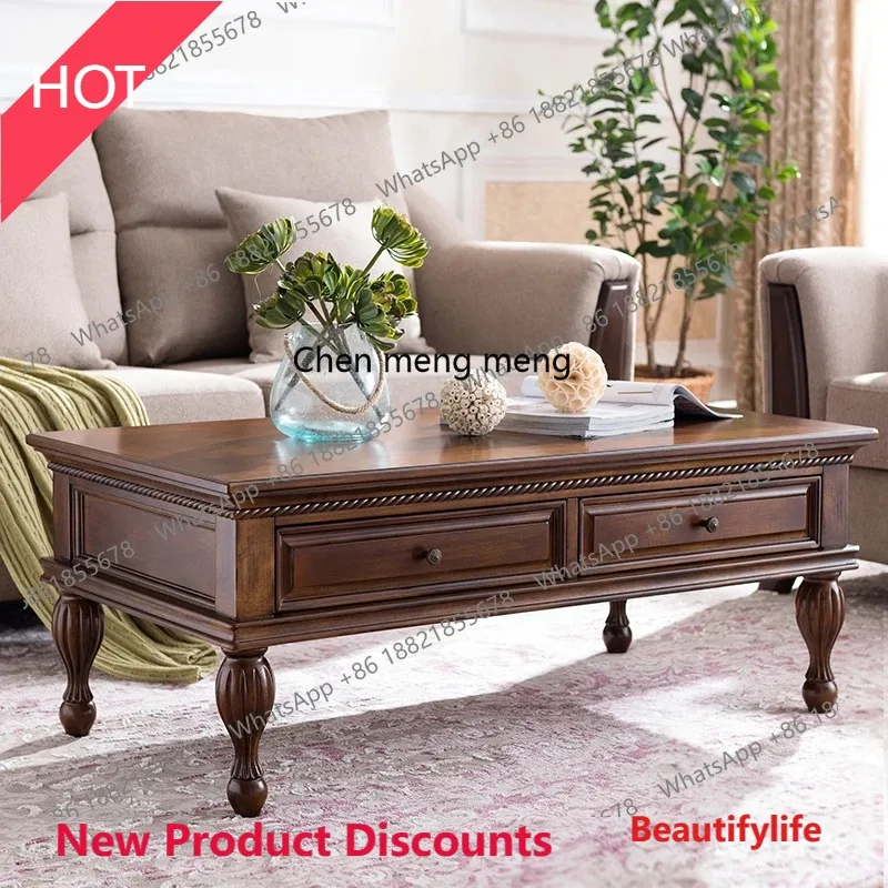 طاولة قهوة من الخشب الصلب في الريف الأمريكي، غرفة معيشة ذات خزانة قديمة، طاولة صغيرة، أثاث شقة صغيرة حديث وبسيط #1