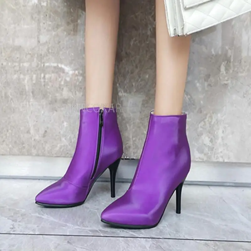 Fashion Women\'s Ankle Boots Purple Black Short Boots Ladies Waterproof High Heels Point Party Shoes For Women