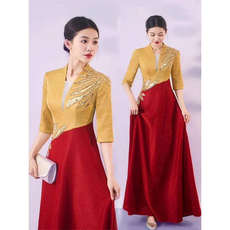 

New Style Chorus Performance Costume for Adults, Women's Red Song Competition Recitation and Chorus Performance Evening Dress