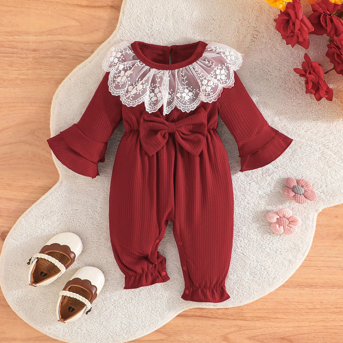 Baby Girl Newborn Onesies Romper 0-18 Months Toddler Clothing Infant Long Sleeve Cute Lace Collar Button Jumpsuit