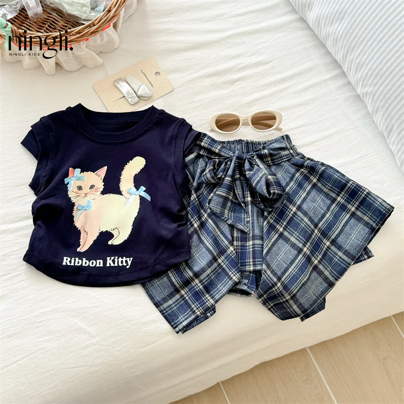 

Girls' Tailored Skirt Set Summer New Trendy Children's College Style Summer Outfit for GirlsTT-shirt Two-Piece Set