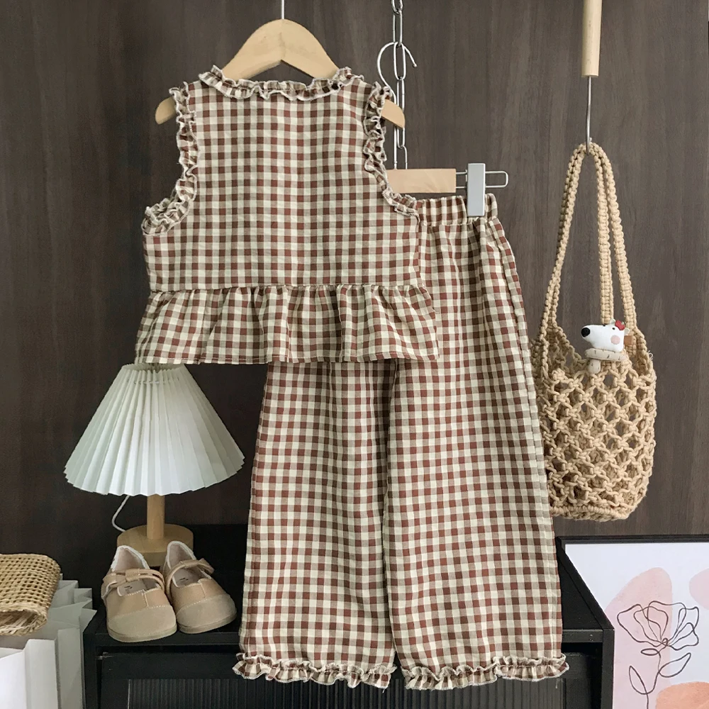 2-10 Year Old Girls and Teenagers Casual Suit with Checkered Lace Single Breasted Top and Pants Two-piece Set Korean Version