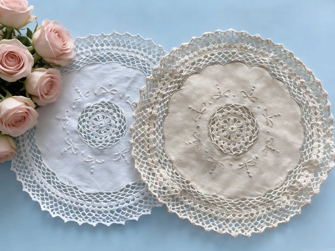 2PCS Diameter 26cm Round 100% Cotton Two-color Handmade Fine Thread Crochet + Hand Embroidery Pad Handkerchief