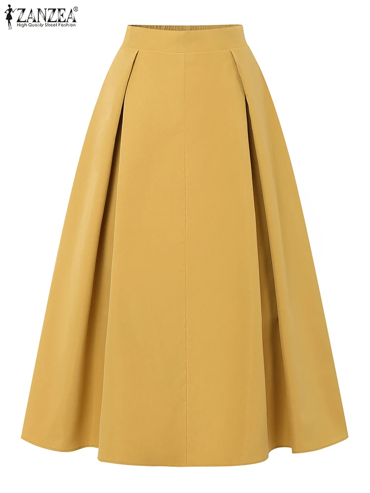 

ZANZEA Женская мода Jupes Эластичная высокая талия с перевернутыми складками Стильные однотонные юбки-миди Уличная одежда трапециевидной формы Faldas Mujer