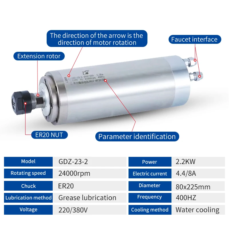 Water Cooled Spindle Motor 2.2KW High Speed ER20 Clamp 24000rpm 400HZ For CNC Engraving Milling Machine Spindle Accessories