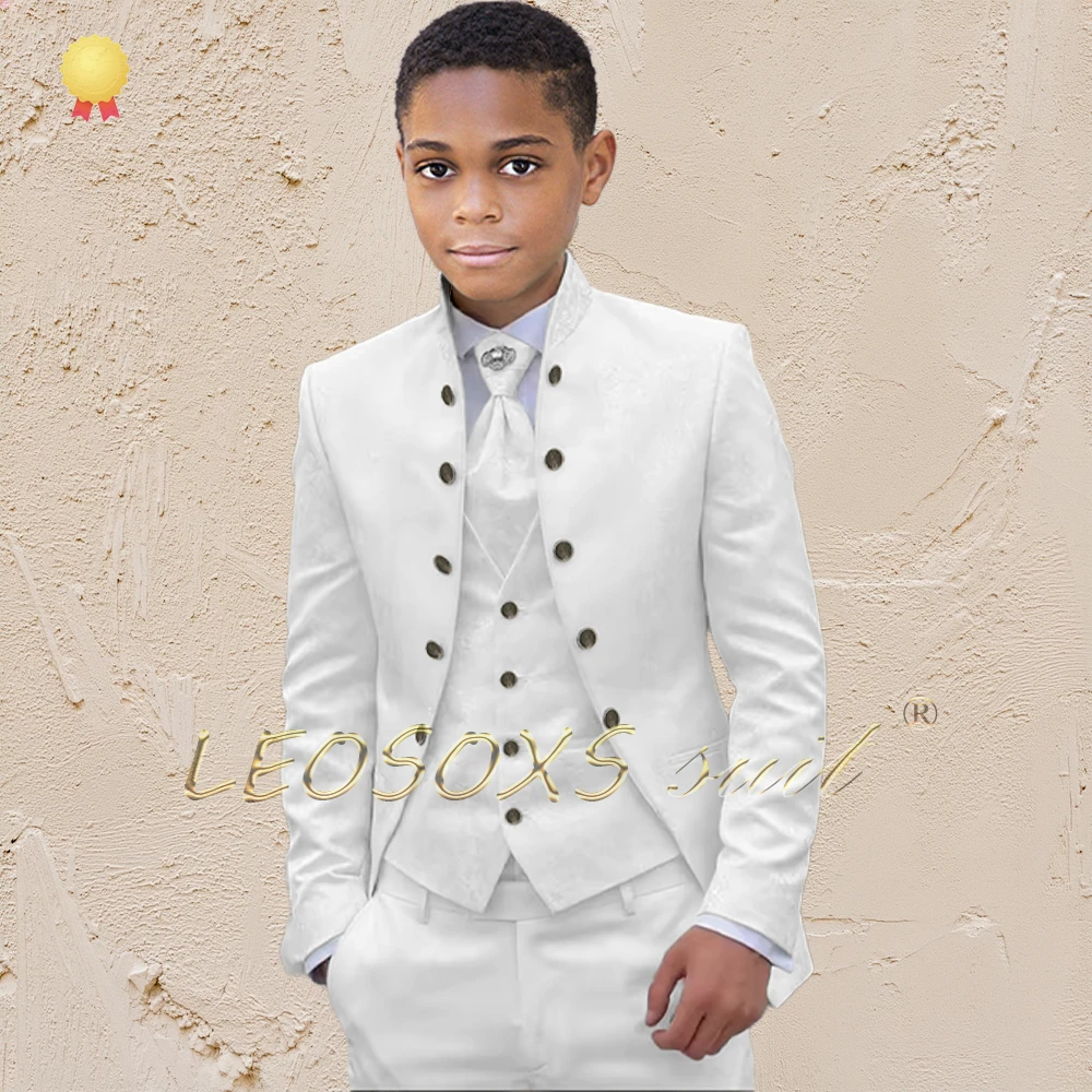 

Boys' Custom 3-Piece Jacquard Suit – Stand Collar Blazer, Matching Waistcoat & Trousers for Weddings & Celebrations