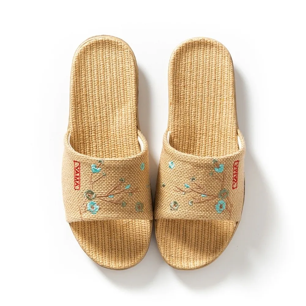 Embroidery Flower Bamboo Indoor Slippers Non-Slip Soft Bottom Plum Blossom Slippers Linen Sweat Absorption Women Men Slippers