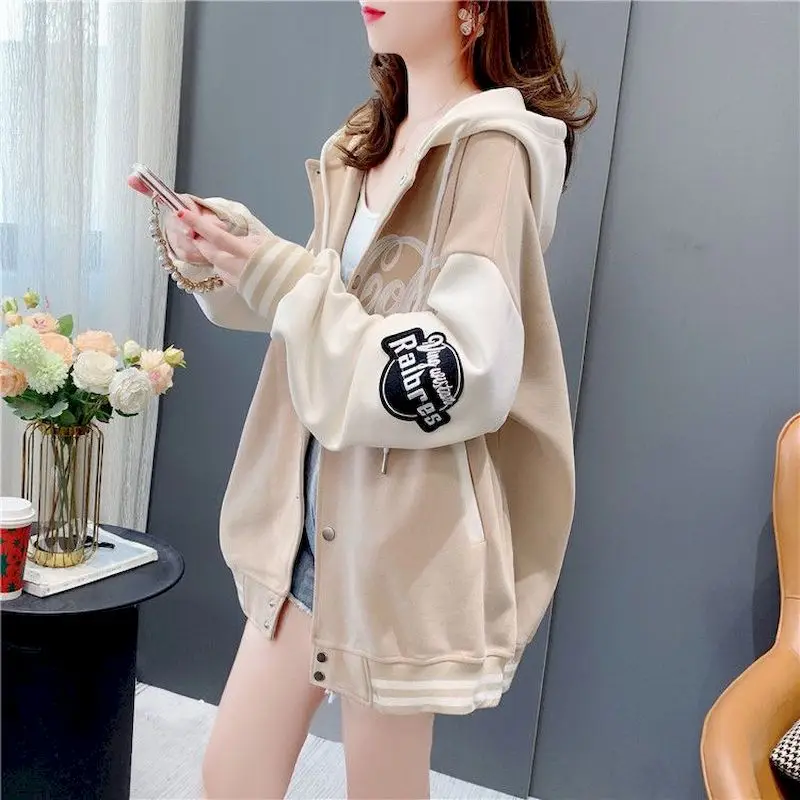 Hooded Cardigan Coat Women Autumn Winter Trendy Plush Zip Up Hoodie Fashion Design Letter Embroidery Hoodies Casual Loose Jacket