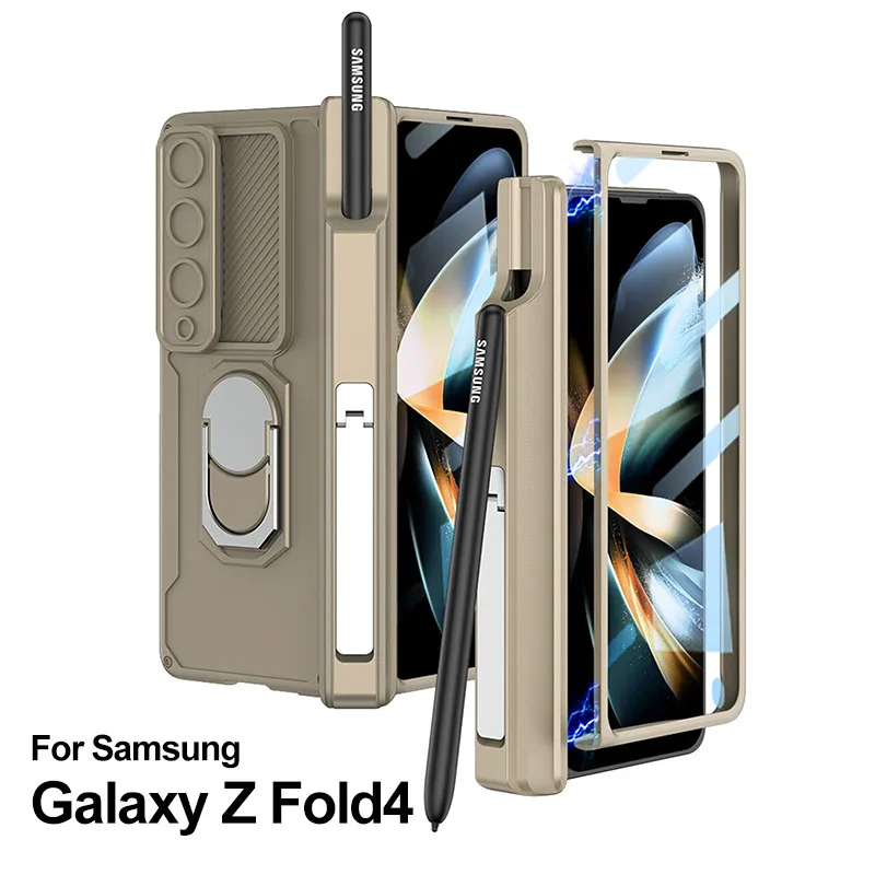 

Для Samsung Galaxy Z Fold3 4, защитный чехол с магнитной петлей и крышкой из закаленного стекла, встроенный держатель для ручек