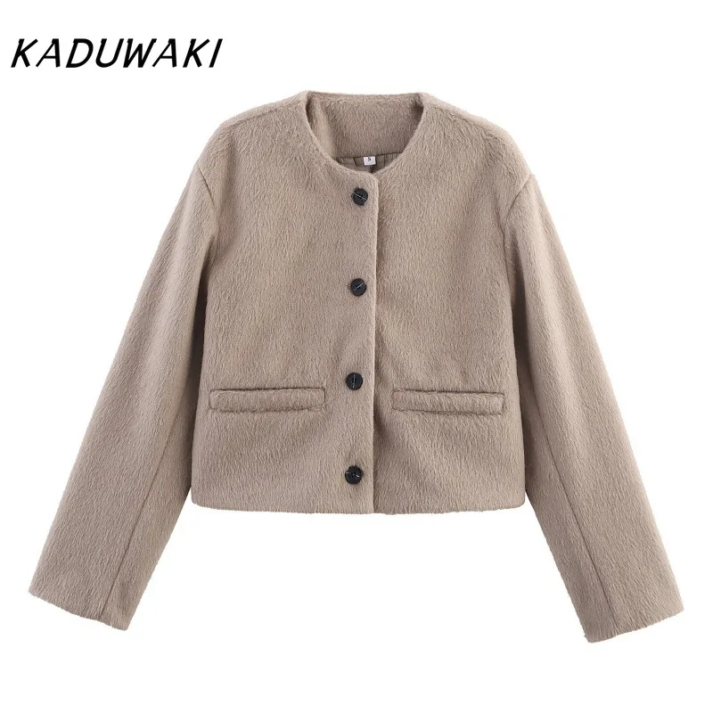 

KADUWAKI American Retro Fall Khaki Long Sleeve Crew Neck Blend Personality Jacket Casual Fashion Versatile Women's Jackets 방수자켓