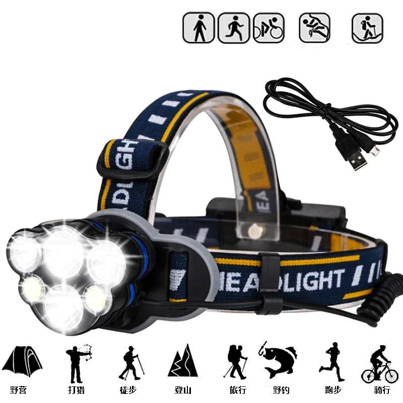 High Lumens 6 LED Headlamp USB Rechargeable Headlight Powerful Outdoor Waterproof Head Lamp for Camping Hiking Fishing