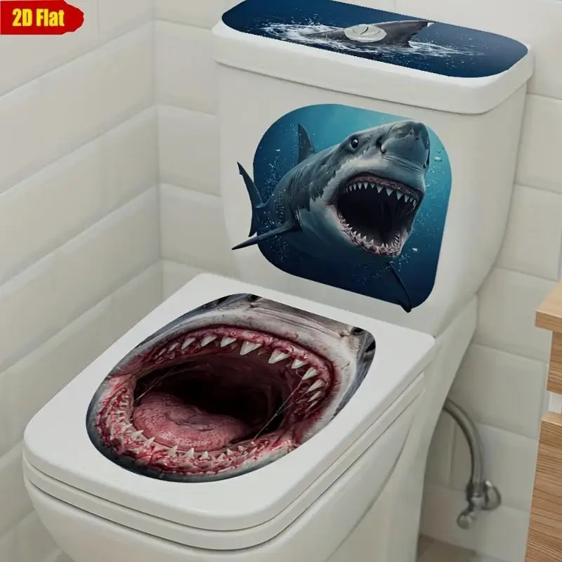 Funny Horror Shark Toilet Sticker Waterproof Self-Adhesive Decal for Bathroom Wall Toilet Lid Home Restroom Decor