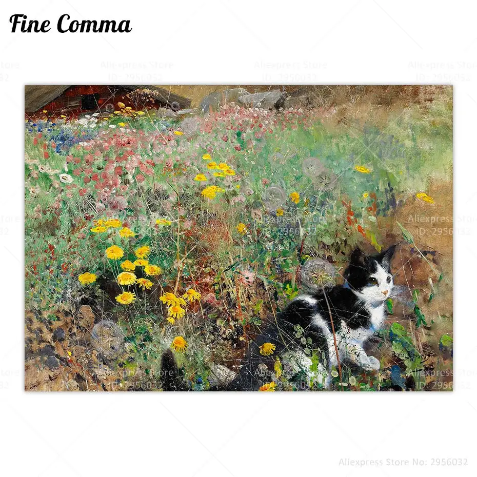 Cat on Flowerbed Bruno Liljefors Vintage Poster Antique Cat Oil Painting Wall Art Canvas Print Wildflowers Black Cat Home Decor - view 2
