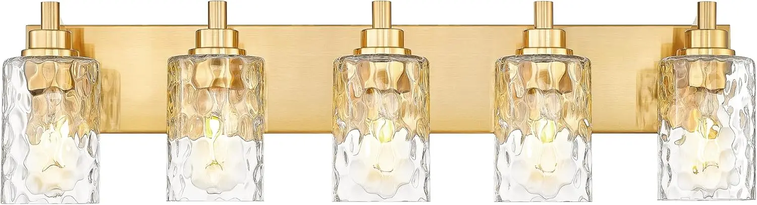 

30" Brushed Gold Vanity Light, 5-Light Clear Hammered Glass, Modern Bathroom Fixture Over Mirror