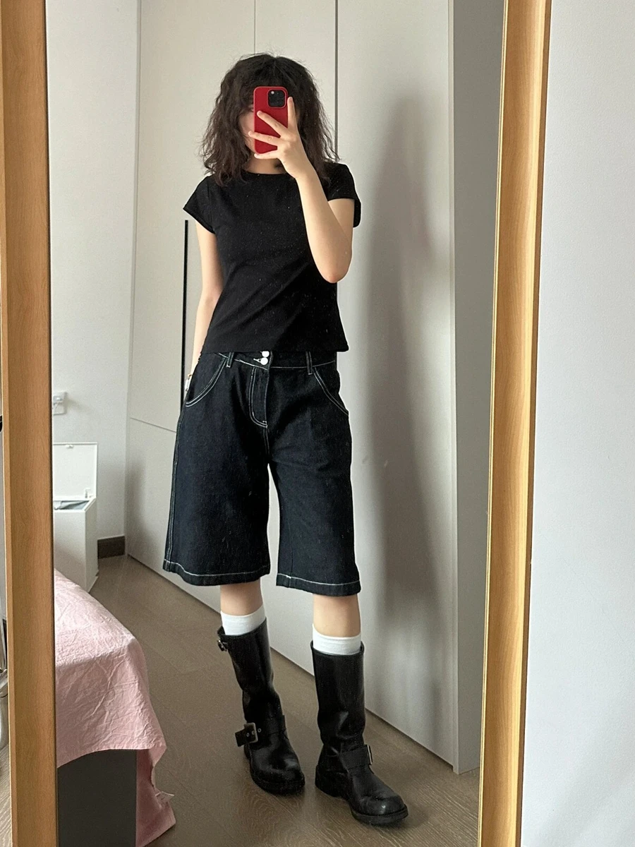 

High Waist Wide Leg Denim orts Women's Summer Casual Loose Slimming Trendy Five-Quarter Straight Cut Jeans Deep Color