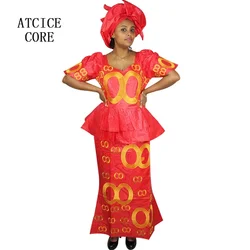 Vestido africano para mujer, diseño bordado Bazin Riche, envoltura superior con bufanda