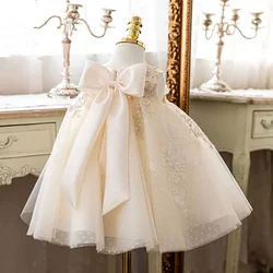 Korean Baby Girl Baptism Dress Kids Beading Bow Lace Tulle Toddler Christening Gown 1st Birthday Dresses Infant Boutique Vestido