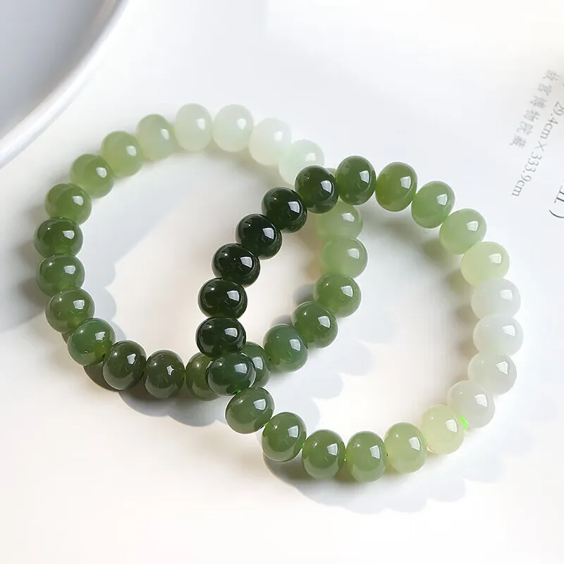 Natural And Authentic Hetian ,-Style, Women'S Design, Two-Tone Gradient, Plain Ring, Jade Bead Bracelet,