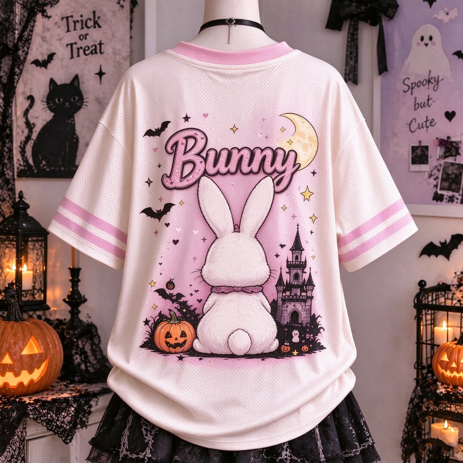 2026 New Halloween Cute Bunny Print V Neck Mesh Jersey Short Sleeve T-shirt, Casual Loose Streetwear Tee for Adult Kids