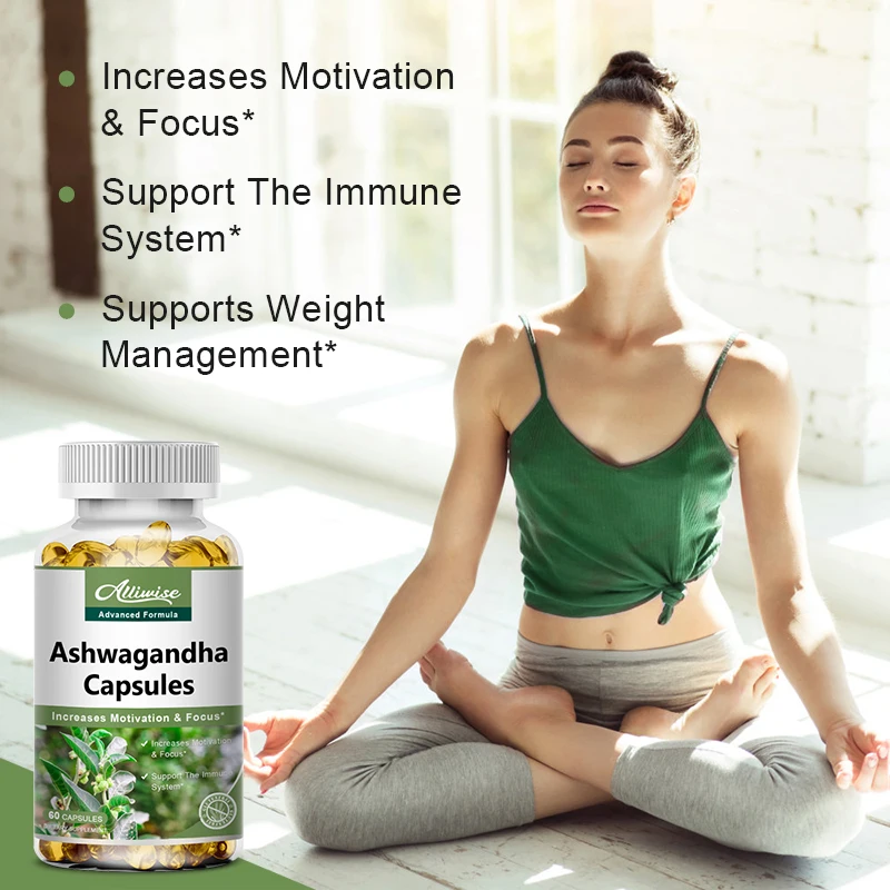 Alliwise Pure Organic Ashwagandha Extract Capsules Relieve Stress Enhances Immunity for Boost Energy Improves Sleep Supplement