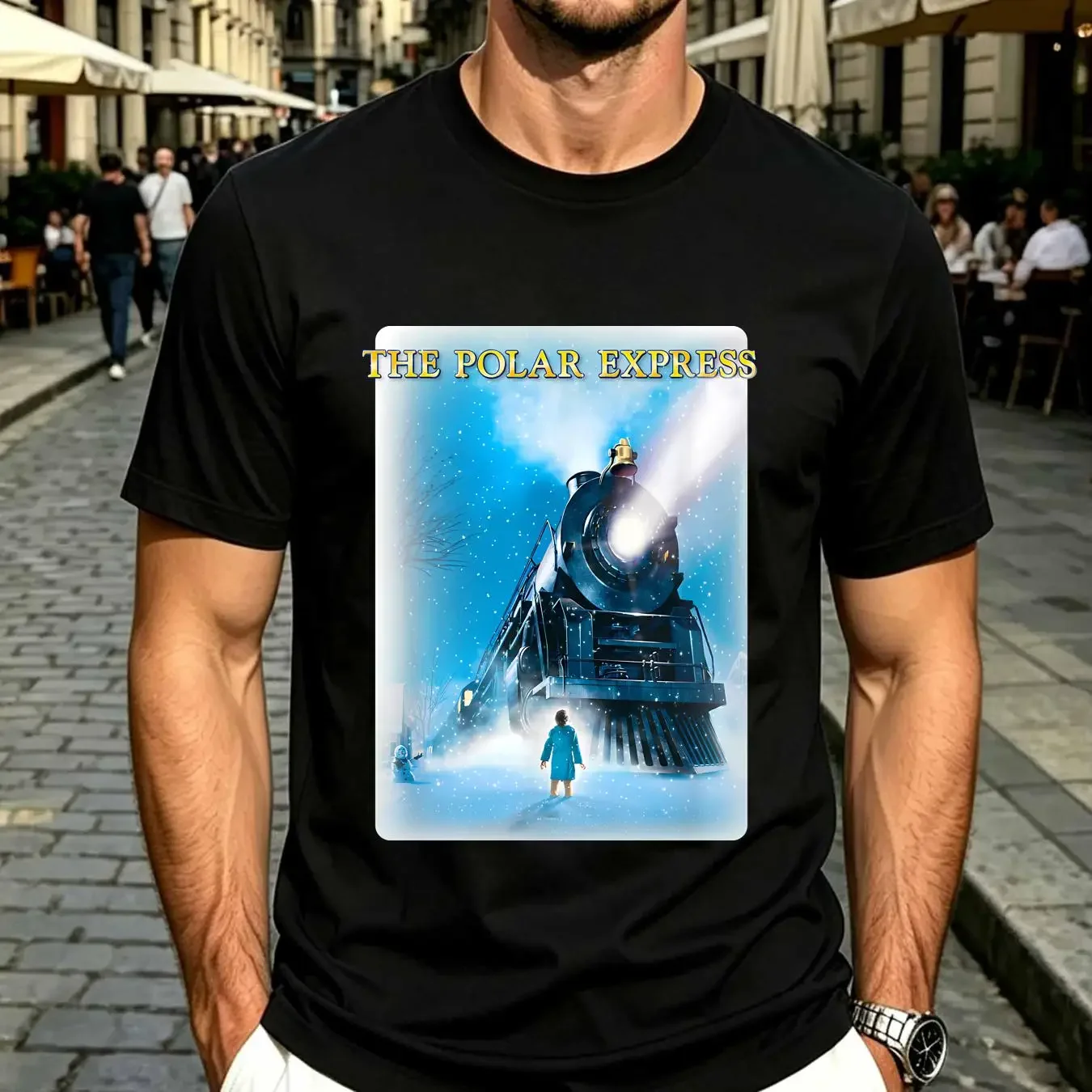 washed T Shirt The Polar Express Big Train Mens Licensed Christmas Movie Light Blue vintage Washed Unisex Stylish