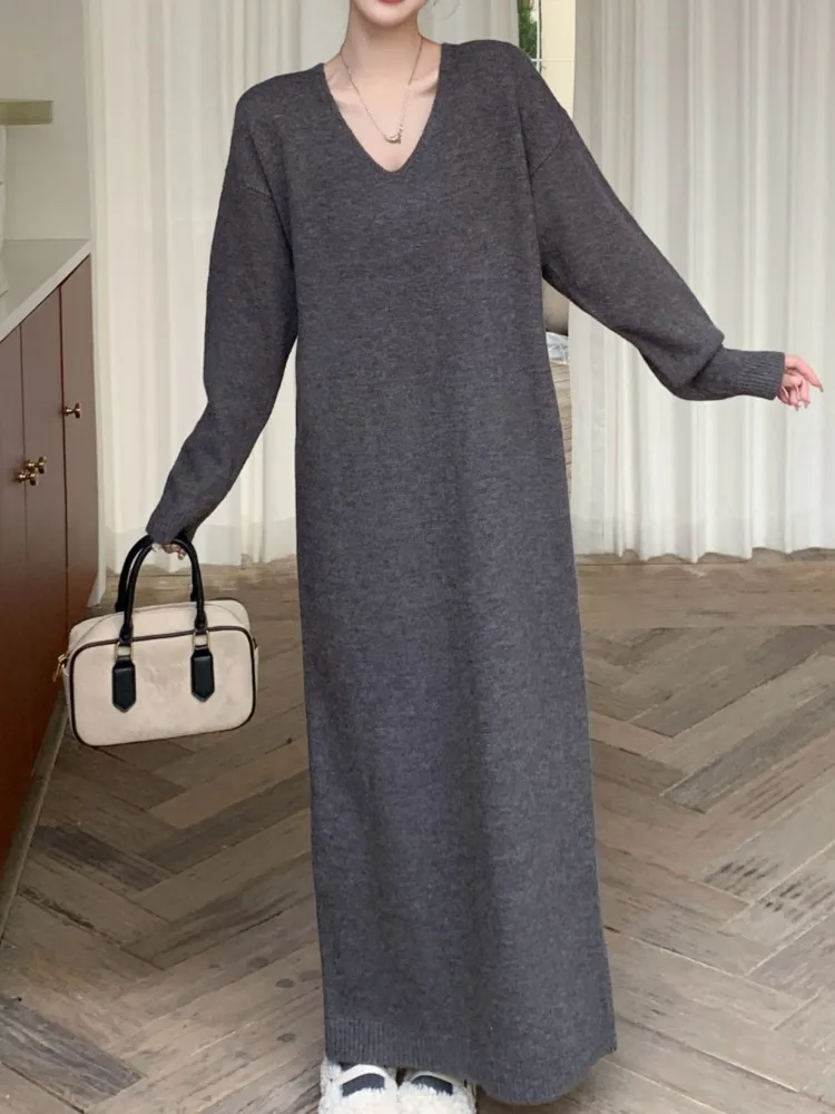 Sukienka damska wiosenno-jesienna oversize z dekoltem w serek, elegancka, vintage, luźna, koreańska sukienka damska z długim rękawem, sukienki damskie, vestidos