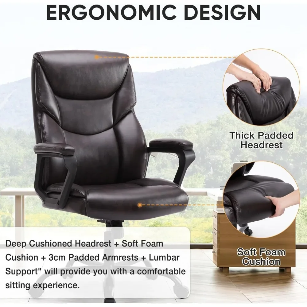 Office Chair,High Back Ergonomic Executive Chair,PU Leather Fixed Arm Computer Chair,Rolling Chair with Wheels,brown