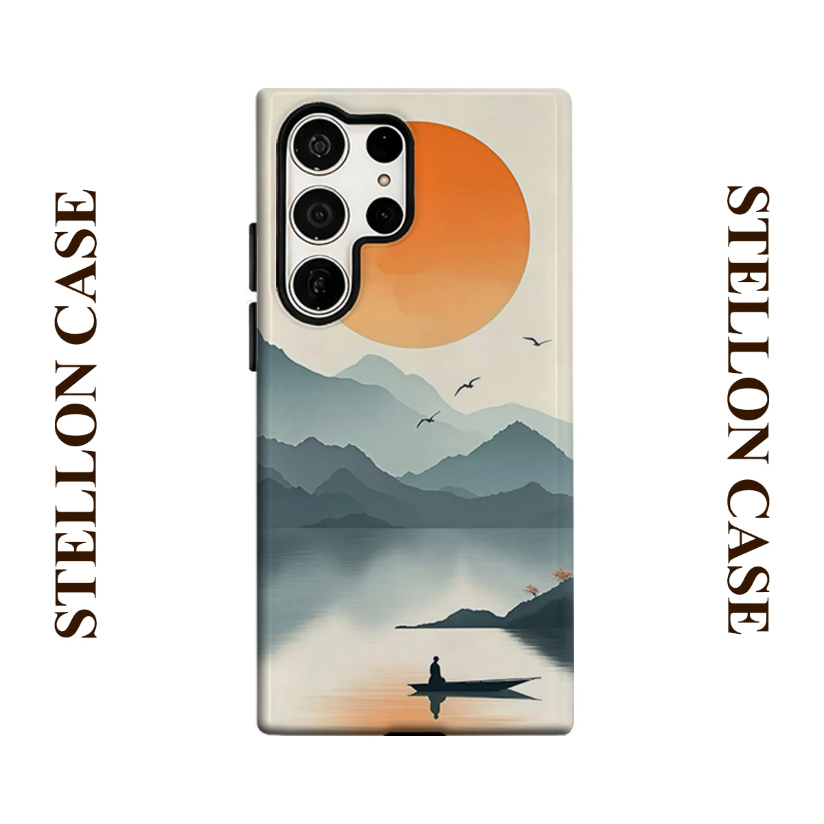 Sunset Boat Glossy Double Layer Shockproof Phone Case For Samsung Galaxy S25 Ultra S24 Plus S23  Ultra Hard Back Cover