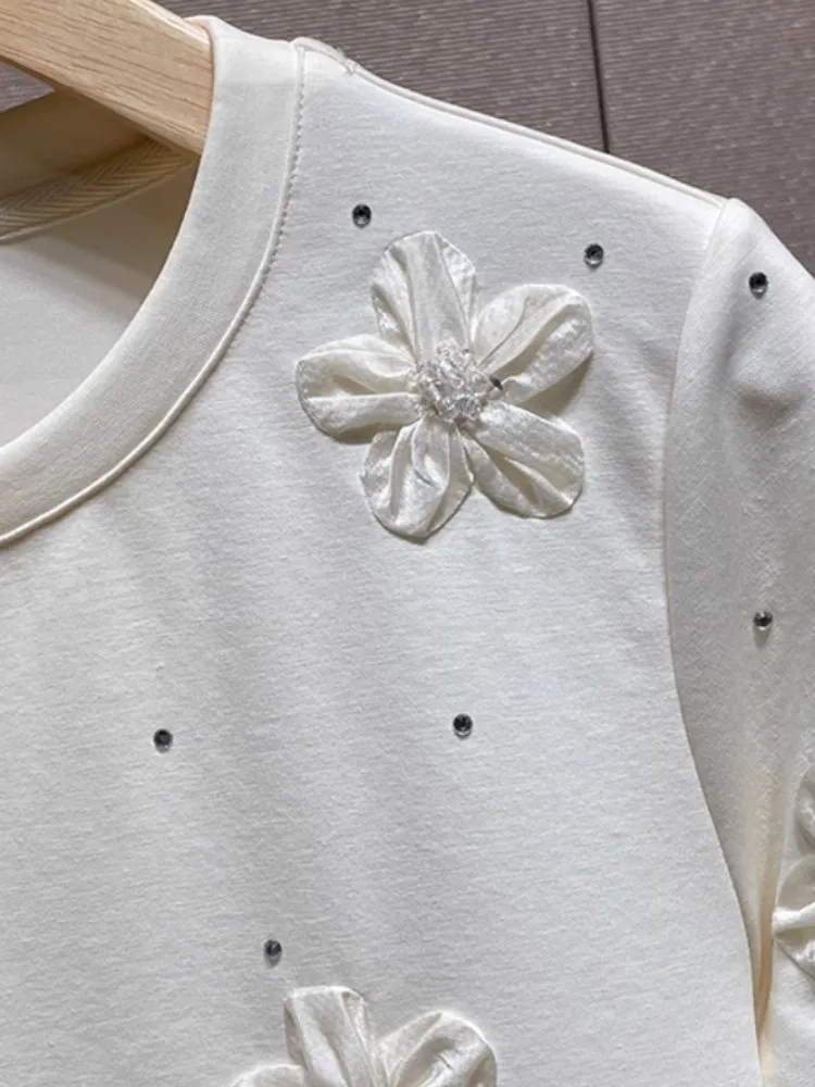 Vestido informal de verano para mujer, vestidos de camiseta de manga corta con flores de Color sólido y diamantes, jersey con cuello redondo, vestidos cortos de línea A