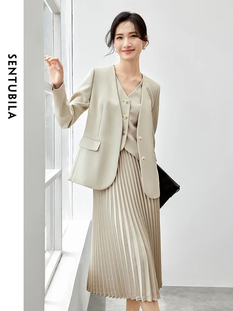 SENTUBILA Women Skirt Suit 2024 Autumn V Neck Blazer A Line Pleated Skirt Office Work Business Outfits Matching Sets 143Z55705