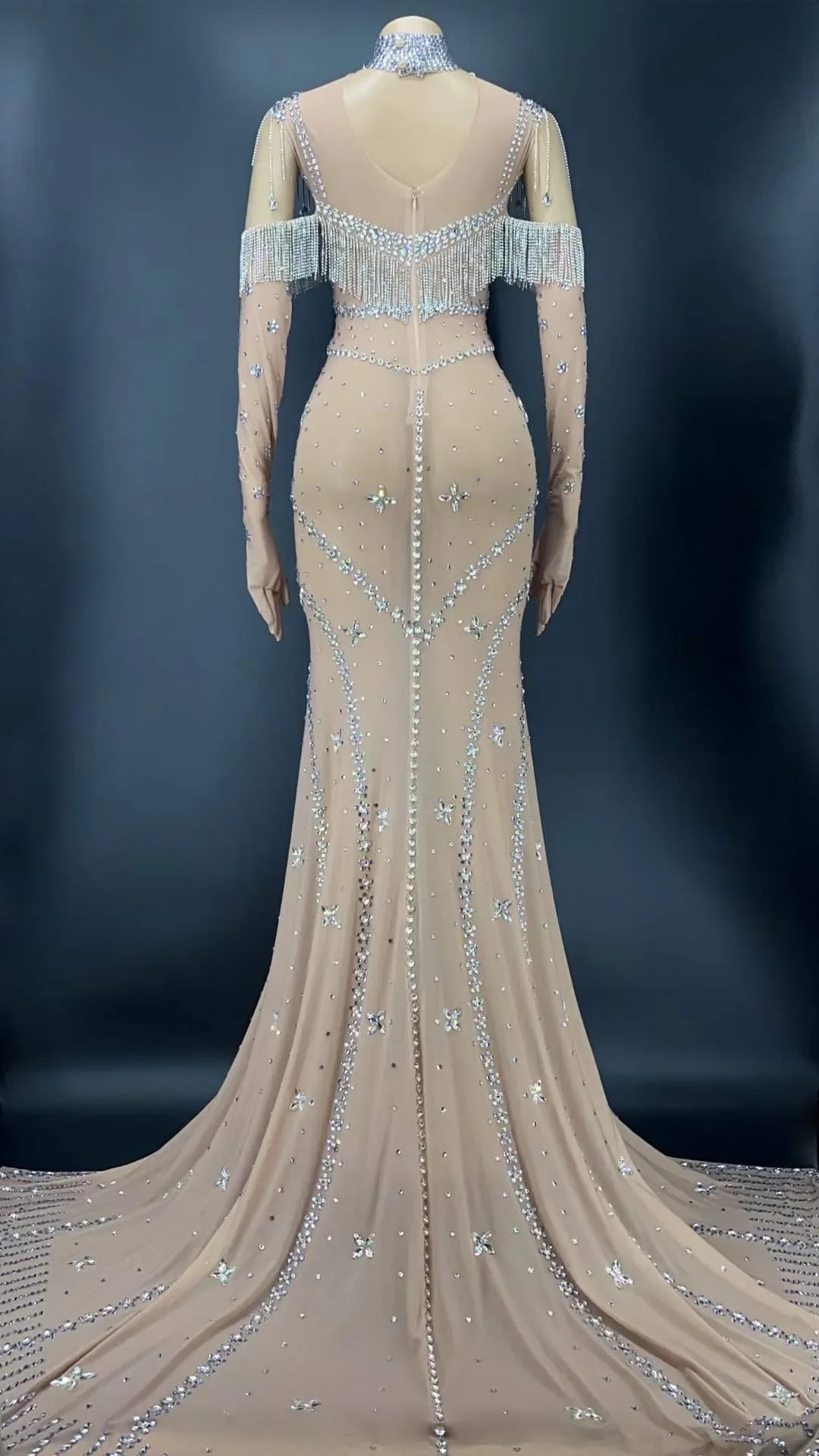 Shining Sequins Rhinestones Nude Tassel Women Sexy Split Long Dress Evening Party Club Clothing Stage Show Singer Costumes