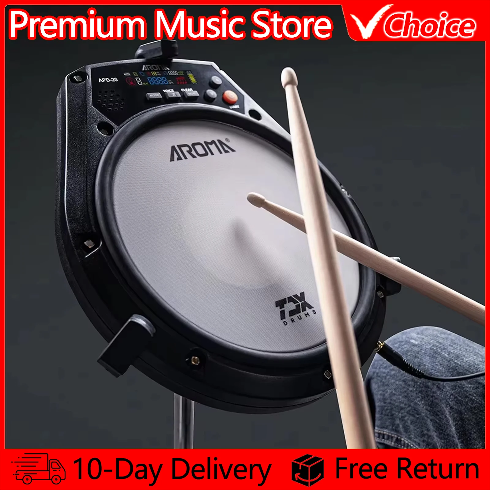 AROMA Electronic Dumb Drum Pad 8-Inch Rechargeable Multifunction Digital Electric with Speed Detection Metronome Practice Drum