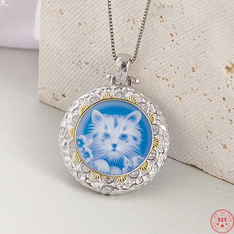 S925 Sterling Silver Charms Pendants for Women New Fashion Blue Sea-shells Cat Kitty Emboss Contrast Color Jewelry Free Shipping