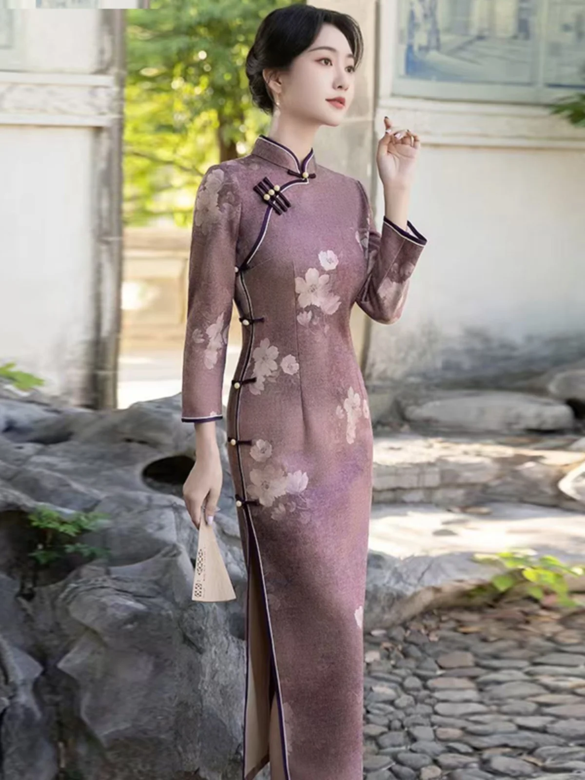 

Autumn Winter New Sle Long Young Ele Mommy Long Sve Dr Slimming Traditional Chinese Costume Low Slit