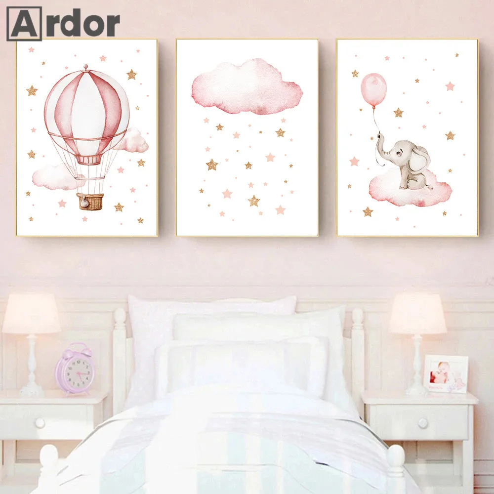 

Gold Pink Stars Clouds Wall Art Canvas Print Hot Air Balloon Poster Elephant Art Painting Nursery Wall Pictures Girls Room Decor